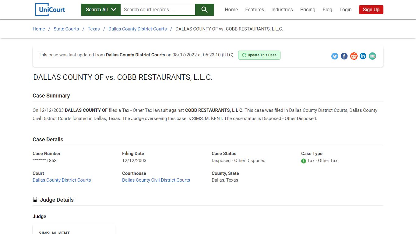 DALLAS COUNTY OF vs COBB RESTAURANTS, LLC | Court Records - UniCourt